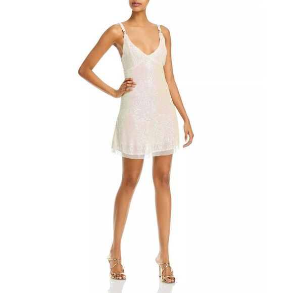 New! FREE PEOPLE Gold Rush Mini Slip Sequin Dress Icicle Pearl Combo V-neck MED - Picture 6 of 10